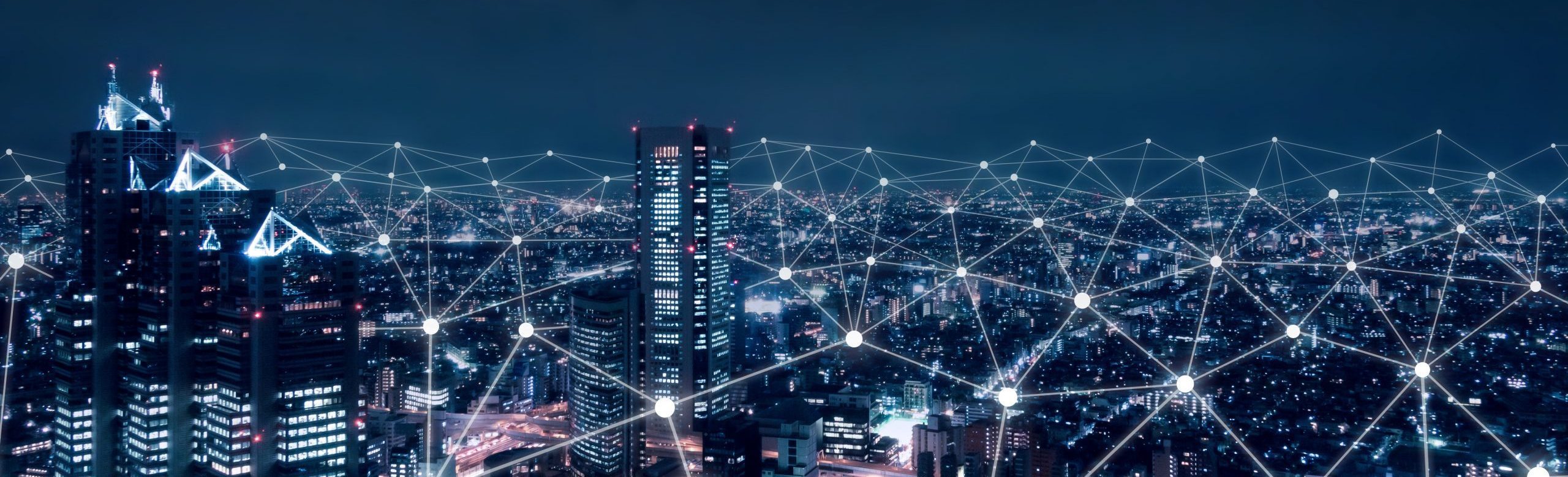 Telecommunication network above city, wireless mobile internet technology for smart grid or 5G LTE data connection, concept about IoT, global business, fintech, blockchain